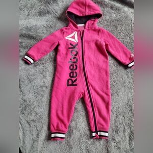 Reebok Baby Girl 12M One Piece Hooded Full Zip Up Romper Jumpsuit Bright Pink